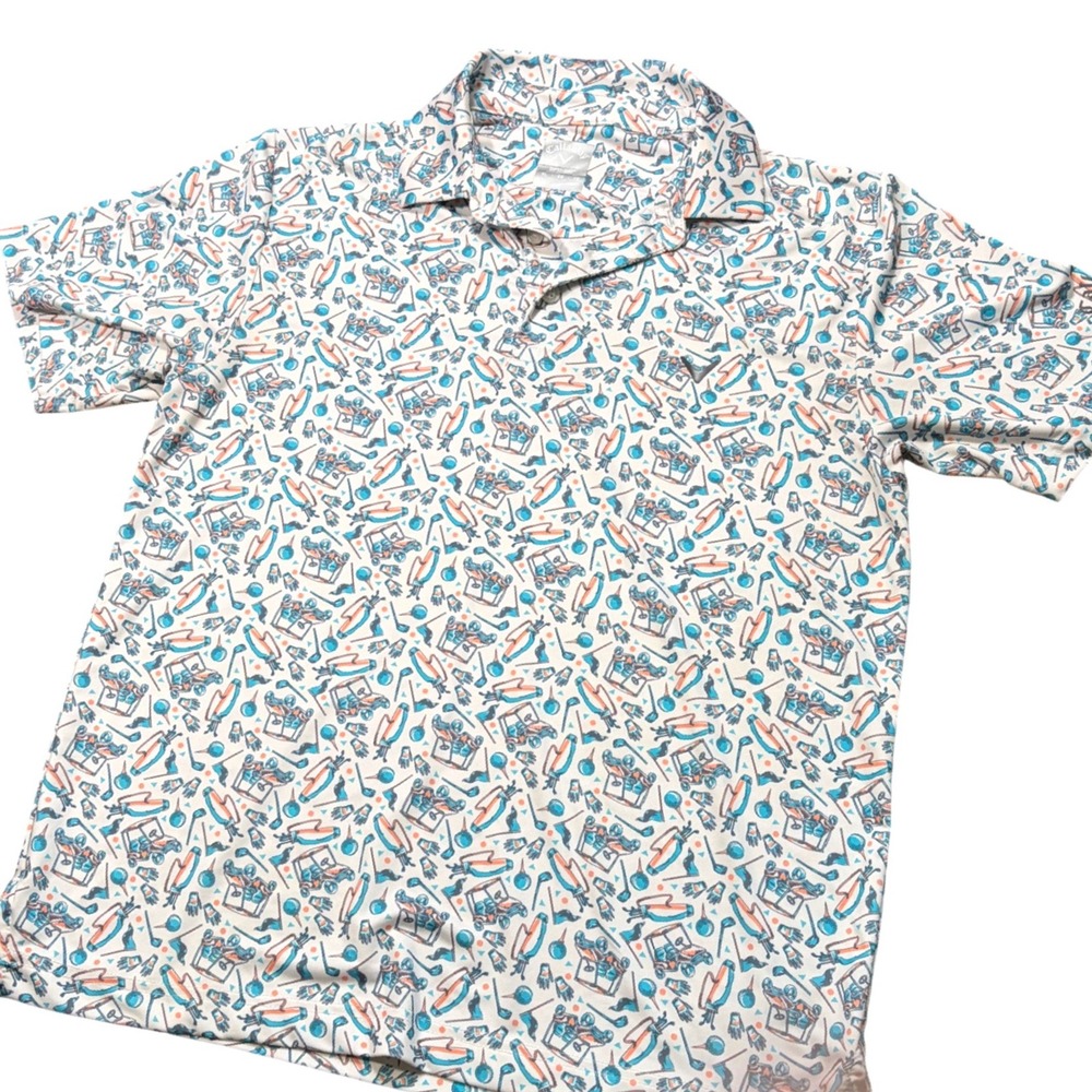 Callaway Kids XL Opti-Dri Golf Polo Shirt Blue Orange Carts Clubs Print Short